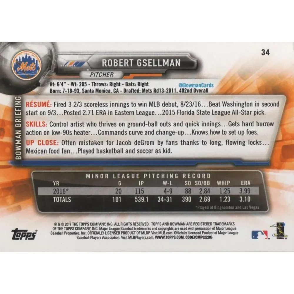 2017 Bowman Robert GsellmanÂ  RC # 34 New York Mets